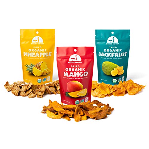 Mavuno Harvest Organic Dried Fruit Variety Pack | Dried Mango, Pineapple, and Jackfruit | Healthy, Vegan, No Sugar Added, Non GMO Snacks for Kids & Adults | 2 Ounce, Pack of 3