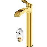 Phiestina Brushed Gold Tall Bathroom Vessel Sink Faucet, Single Hole Single Handle Waterfall Modern Bathroom Faucet, with Pop Up Drain and Water Supply Line, NS-SF01-BG-V
