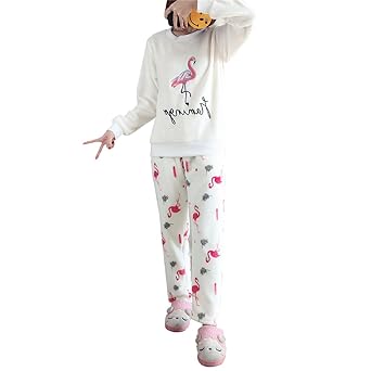 GWELL Damen Pyjama Flamingo Motiv Schlafanzug Set Flanell Zweiteiliger Langarm Nachtwäsche Winter