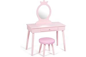 GOFLAME Kids Vanity Set, Princess Dressing Table Set, Wooden Dresser, Girls Makeup Table and Stool Set, Pretend Beauty Play Set with Real Mirror, Pull-Out Drawer and Cushioned Stool, Pink