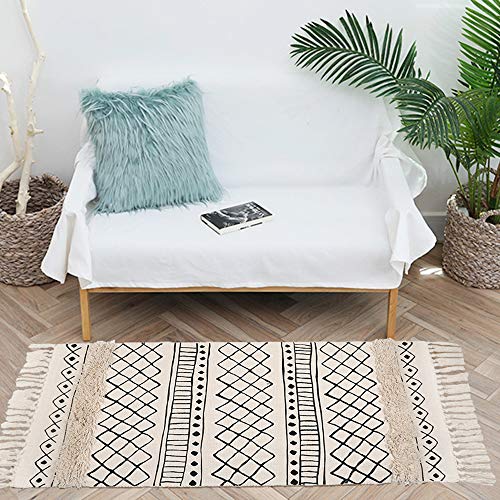 HiiARug Cotton Area Rug Set 2 Piece 2'x3'+2'x4'4, Woven Tufted Area Rug Tassel Geometric Rhombus Throw Rugs Machine Washable Floor Runner Rug for Bedroom Bathroom Living Room Kitchen (Cream CR2pc)