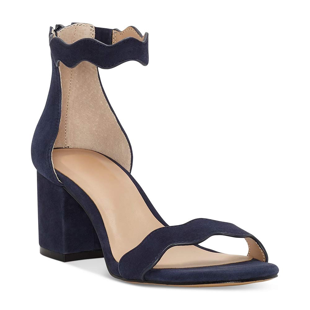 Womens Open Toe Chunky Heels Dress Sandals Scalloped Single Band Ankle Strap Party Shoes Navy