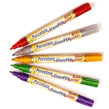 Baker Ross Bunte Porzellan- & Glas-Glitzer-Malstifte - Set B (rot - orange - lila - Silber - grün) - für Kinder - Hobby Line 