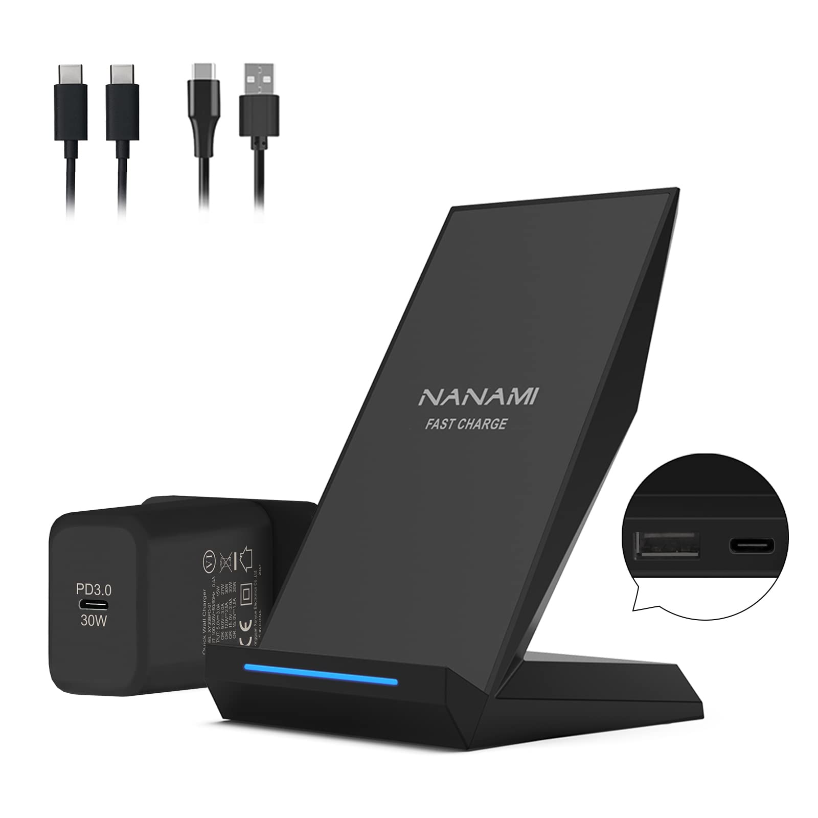 NANAMI Wireless Charger with 30W USB-C Charger - 15W Max Cordless Charging Stand for Samsung Galaxy S26 S25 Ultra S24 S23 S22 S21 S20 S10, 2-in-1 Fast Contact Charger for iPhone 17 16 15 14 13 12 11 X