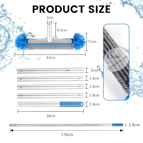 LALAGO Floor Brush, Round Pool Brush, Hard Bristle Floor Broom with Detachable Handle, Bathroom Cleaning Brush, Scrubber for Bathroom, Pool, Kitchen, Tiles