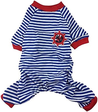 Pet Cartoon Striped Cotton Pajamas Small Jumpsuit Coat Shirt Clothes (L, Blue)