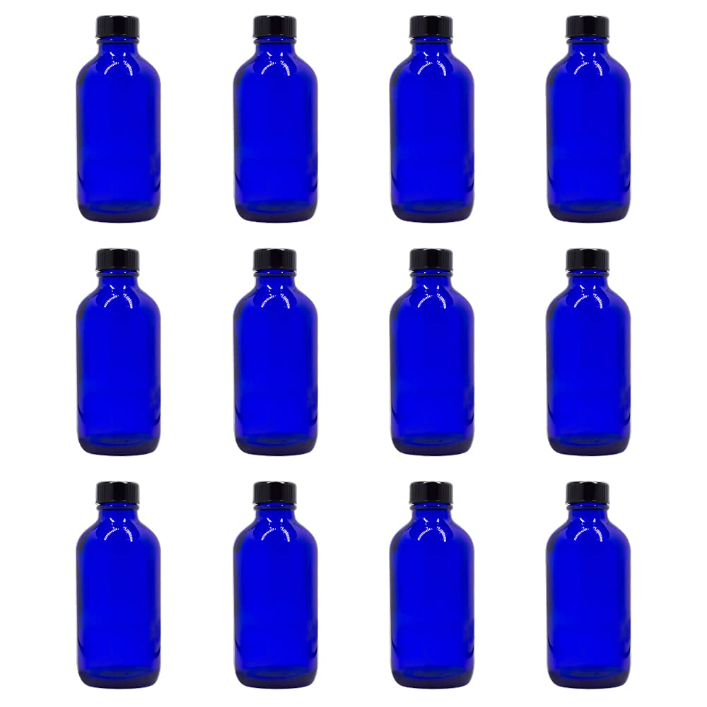 U-Pack 4 oz Cobalt Blue Glass Boston Round Bottles With Black Ribbed Cap - 12 Pack