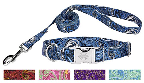Country Brook Petz | Blue Paisley Premium Dog Collar Matching Leash Set (Medium)