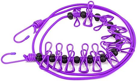 Clothes Dryer Rope Adjustable Elastic Retractable Clothesline with 12pcs Hanging Pincher for Laundry Drying, Outdoor Camping, Indoor Balcony, Open Travel, Front and Back Yard Tree - Purple