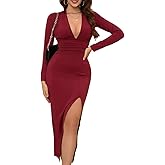 Sulozom Womens Sexy Deep V Neck Long Sleeve Elegant Ruched Bodycon Cocktail Party Club Dresses