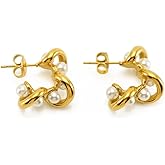 Elegant 18k Gold Plated over Stainless Steel Pearl Hoop Earrings, Small Twisted Design with White Pearls, Classic Boho Jewelry for Women