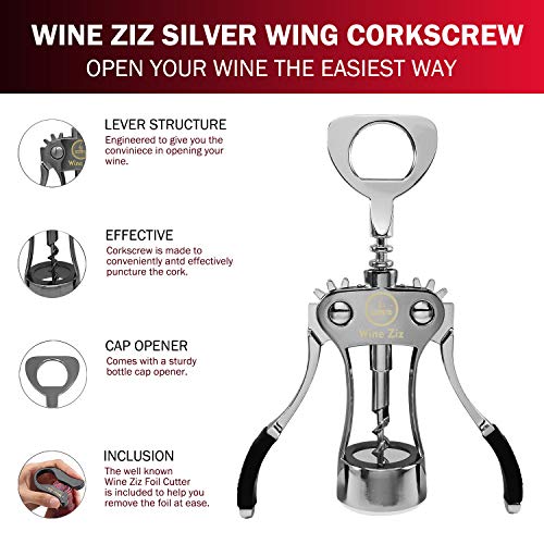 Wine Ziz Large Silver Wing Corkscrew Bottle Opener with Foil Cutter