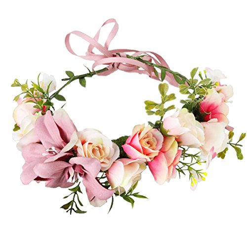 Fashion Lily Flower Headband Hair Wreath Bridal Floral Crown Headdress Bohemian Garland for Wedding Festival Pink