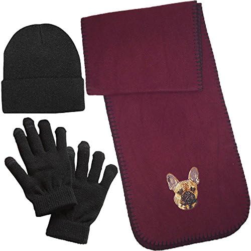 Cherrybrook Dog Breed Embroidered Lightweight Scarf Bundle - Includes Embroidered Scarf, Beanie, and Gloves - Maroon - French Bulldog