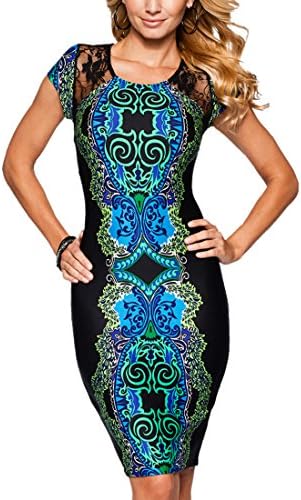 KAIGENINA Lace up Sexy Slim Short Sleeve Women's Tight Printing Party Dress(M, blue-green)