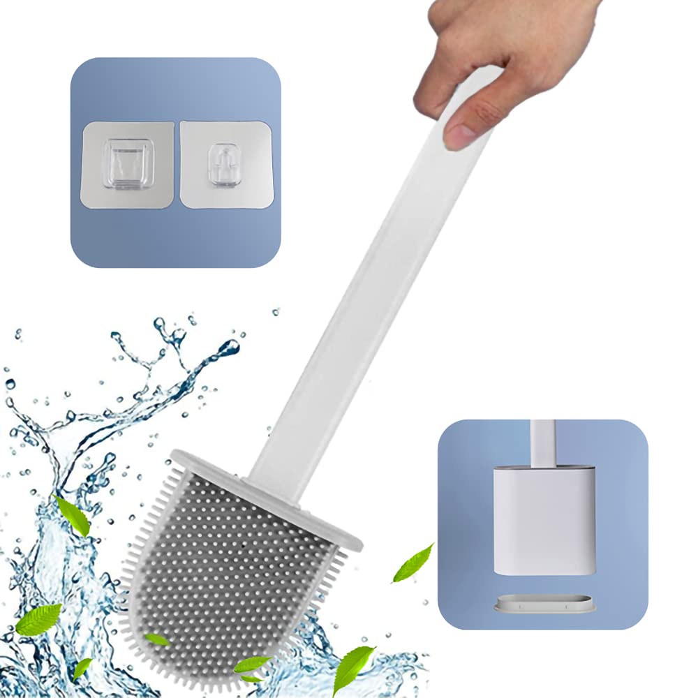 Q Goods Silicone Toilet Brush with Wall-Mounted Holder || Deep Cleaner with Non-Slip Long Plastic Handle and Flexible Bristles || Quick Drying Toilet Brush Holder Set for Bathroom Toilet (White)