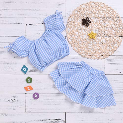 Toddler Baby Girls Outfits Blue Plaidl Off Shoulder Tube Sleeve Crop Tops +Ruffled Shorts Skirt Set Toddler Summer Clothes (Blue Plaid, 1-2 Years)