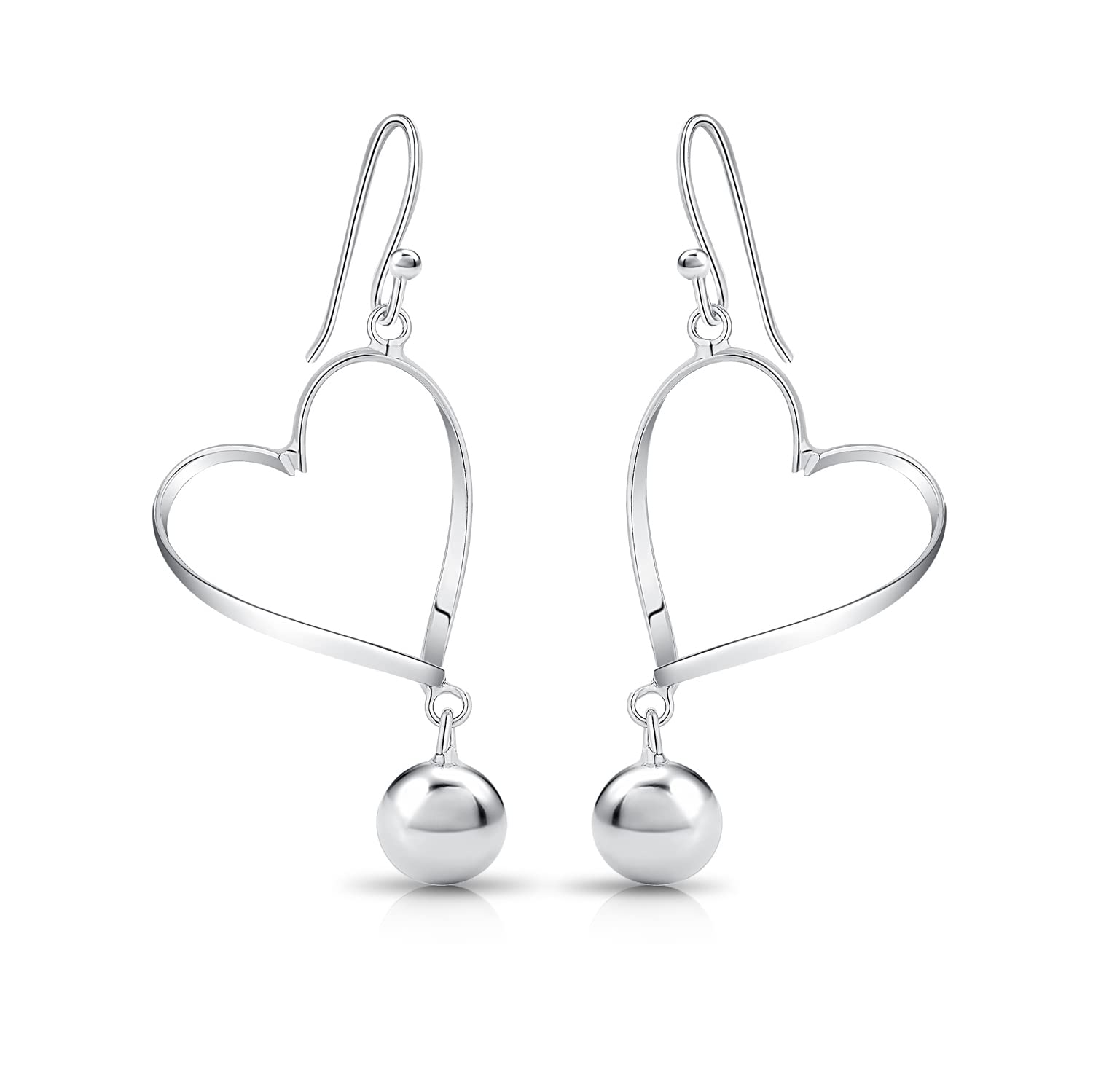 DTPSilver - 925 Sterling Silver Rodium Plated Heart with Ball Dangling Earrings