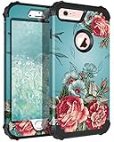 Lontect Compatible iPhone 6s Plus Case 6 Plus Case Floral 3 in 1 Heavy Duty Hybrid Armor High Impact Shockproof Protective Cover Case for Apple iPhone 6 Plus/6s Plus, Teal/Red Flower