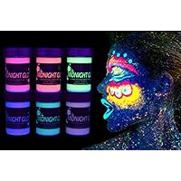 Midnight Glo Metallic Body Paint Face Makeup Body Shimmer Black Light Reactive Made In USA (6 Bottles 0.75 oz Each), Washable, Glows with Blacklight