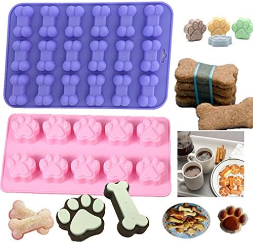 Kisweet Silicone Ice Molds Trays for Making Jelly Biscuits Chocolate Candy Tray, Cupcake Baking Mould, Muffin pan, Cookies,Puppy Dog Paw and Bone Shape 2 PCS,Pink and Purple