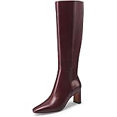 LUXMUWA Burgundy Knee High Boots for Women Square Toe Chunky Block Heel Tall Boots Side Zipper Dress Long Boots Size 6.5