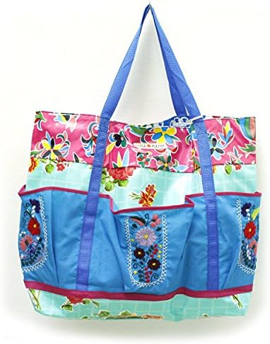 Embroidered Beach Bag Pool Bag Large Tote in Oilcloth Turquoise
