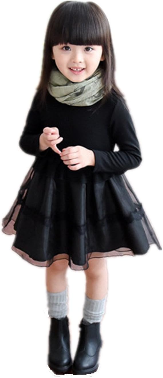 Amazon ミニアウル Miniowl 子供服 女の子 上品 長袖 オーガンジー ワンピース 春 フォーマル 黒 ドッキングワンピース かわいい フリル付き キッズ ドレス 発表会 結婚式 普段着 90 130 フォーマル 通販
