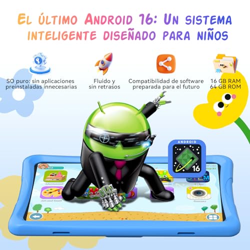 Kids Tablet 10 Inch, Android 16 Tablet for Children from 3 to 12 Years, 16GB RAM 64GB ROM/2TB TF, Parental Controls, GMS, WiFi6, Children's Tablet with Anti-fall Case and Pencil, 4 Year Warranty