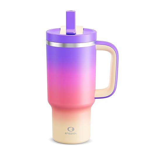 32 oz Tumbler with Handle and Straw: Stainless Steel Insulated Tumbler Keeps Cold for 24 Hours, Leakproof Travel Cup Fits in Cup Holder and BPA-Free, Peach Dream