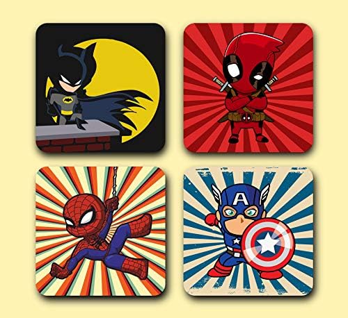 PrestaPrintz Superheroes Cartoon Characters Printed Tea Coasters (Set of 4, Multicolor, Printed) MDF Wood Material Coasters, Coasters for Office Table | Dining Table | Home Dรฉcor