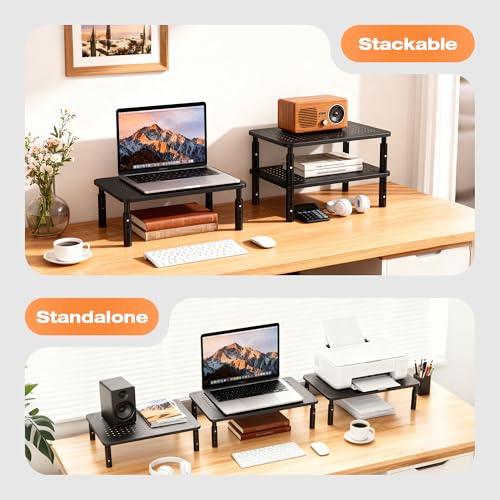 Canyora Computer Monitor Stand Riser for Desk, 3 Height Adjustable PC Laptop TV Desktop Monitor Stand Shelf, Metal Short Printer Table, Stand Riser for Desk, Office Desk Organizers and Accessories, 2 Pack