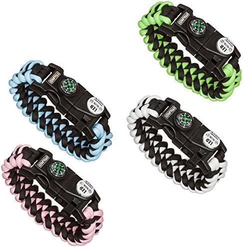 COMFYGLO 16 in 1 Glow in the Dark LED light Paracord Survival Bracelet with Emergency SOS, Compass, and Whistle for Hiking, Camping, and Outdoors (White)