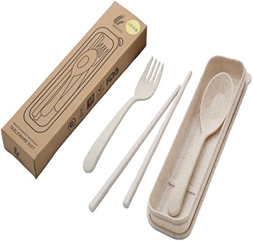 3PCS Portable Cutlery Blue/Yellow/Pink/Green Europe Style Healthy Eco-Friendly Wheat Straw Spoon Chopstick Fork Travel, Picnic, Camping Tableware Set (Yellow)