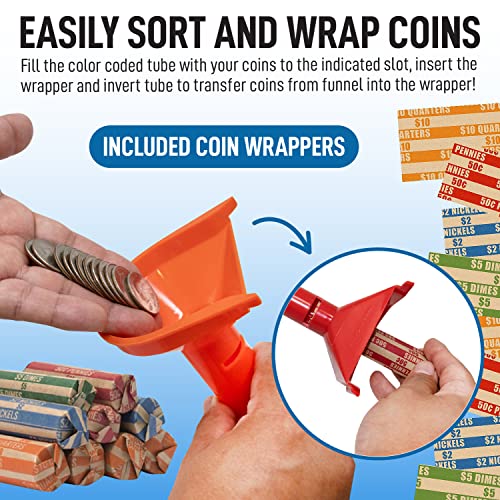 252 Coin Wrappers with Coin Sorter Tubes Funnel Shaped ColorCoded