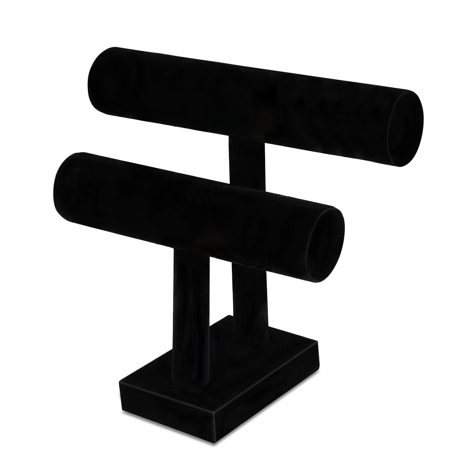 Flexzion Black Velvet Hovering 2 Tier T-bar Jewelry Stand Display Storage Store Rack - Removable Necklace Bracelet Earring Bangle Pendants Anklet Tower Watch Key Holder Organizer For Women Men Girl