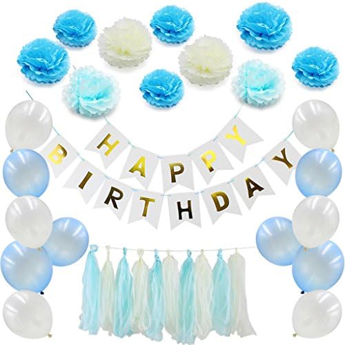 Yeefant Anniversary Birthday Banner Decoration Paper Tassel Pompom Party Balloons Flowers Decorative Event Banquet Favors Signs Pure Bunting Hanging Set for Living Room Bedroom,Blue