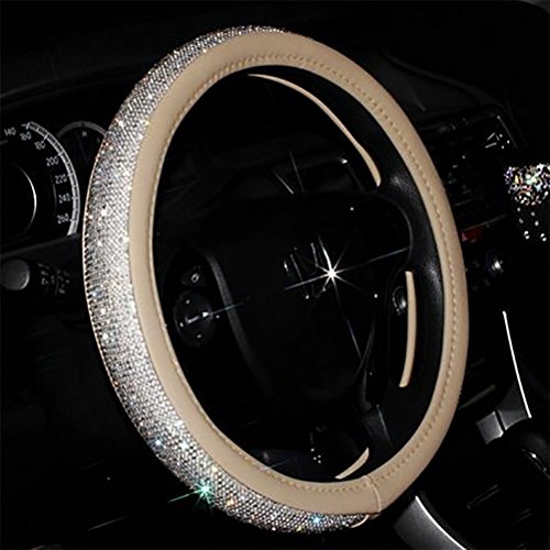 Car Steering Wheel Cover Bling Bling Rhinestone Leather Handcraft Car Steering Wheel Cover For Lady Four Seasons Steering Cover , beige