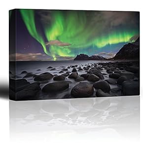 Green Northern Lights Over an Ocean Filled with Rocks - Canvas Art Home Art - 12x18 inches