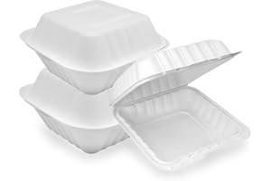 Packpact 6 X 6" Packs of 50pcs White 100% Compostable Square Hinged Container, Single Compartment Hamburger Clamshell Lunch T