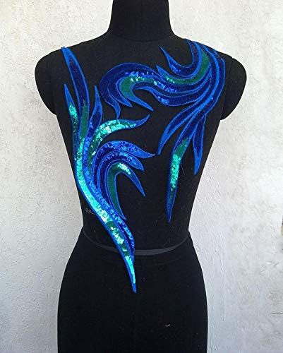 Large Golden & Blue Paillette Sequin Embroidery Phoenix Peacock Feather Sew-on Patch Applique for Clothes DIY (Blue)