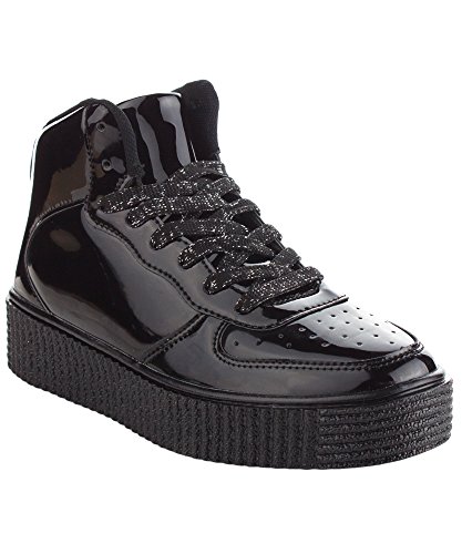 Cape Robbin Women's Fashion Creepers Patent Leather Glitter Laces Flatform Lace Up Platform High Top Sneakers BLACK (9)