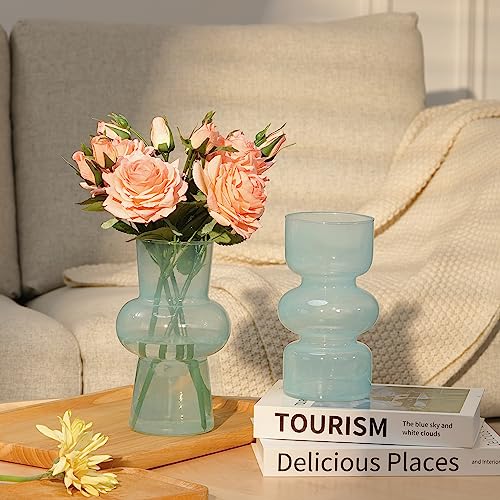 2PCS Glass Vase Blue Transparent, Hydroponic Bubble Glass Vases for Flowers, ViViTOP Modern Style Decorative Medium Vases for Centerpieces Home Decor Wedding Reception Table(7\