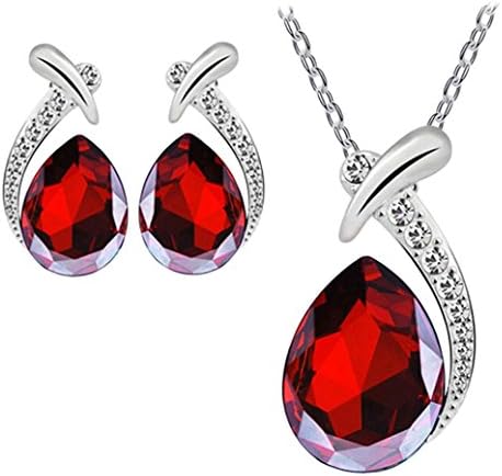 kaifongfu Women Crystal Pendant,Women Silver Plated Chain Necklace Stud Earring Jewelry Set For Women (Red)