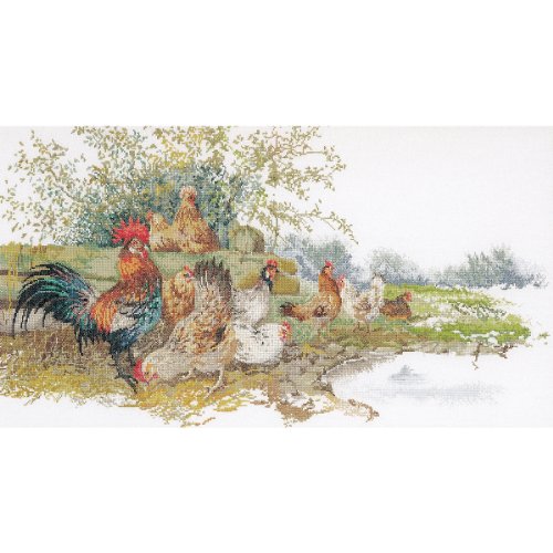 Thea Gouverneur 16 Count Counted Cross Stitch Kit, 26-3/4 by 14-1/2-Inch, Chickens on Aida