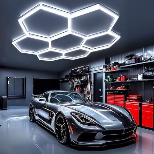 LED 7-Hexagon Honeycomb Garage Lamp, 240W 6500K Deformable LED Ceiling Light Dly Hexagon Garage Light for Workshop, Warehouse, Basement, Gym