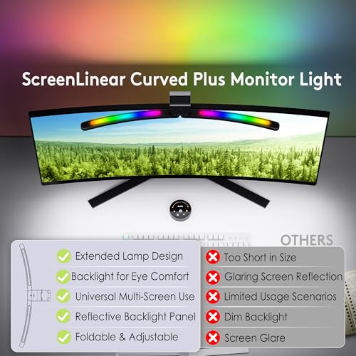 Quntis 66 cm Curved Monitor Lamp with Remote Control and RGB Backlight, Foldable Monitor Light with Automatic Dimming, Adjustable Brightness and Color Temperature
