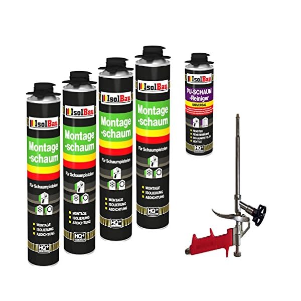 Isolbau Bauschaum-Set - Inkl. 4x 1K Montageschaum Pistolenschaum (je 750 ml), 1x Schaum-Pistole & 1x PU-Schaum-Reiniger…