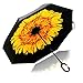 Double Layer Wind-Proof, UV Proof Reverse Folding Inverted Umbrella Travel Umbrella with 'C' Shape Handle and Carrying Bag, Sunflower