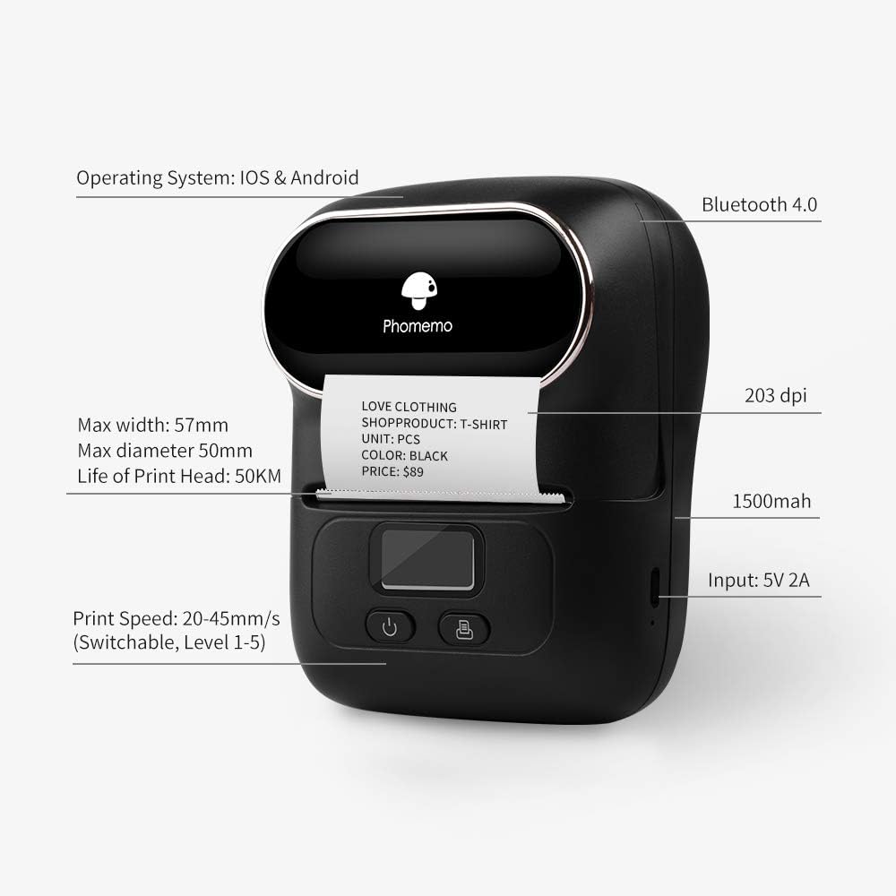Phomemo-M110 Label Maker - Portable Bluetooth Thermal Label Printer Apply to Clothing, Jewelry, Retail, Mailing, Barcode, Compatible for Android & iOS System, with 1 40×30mm Label Roll, Black : Electronics